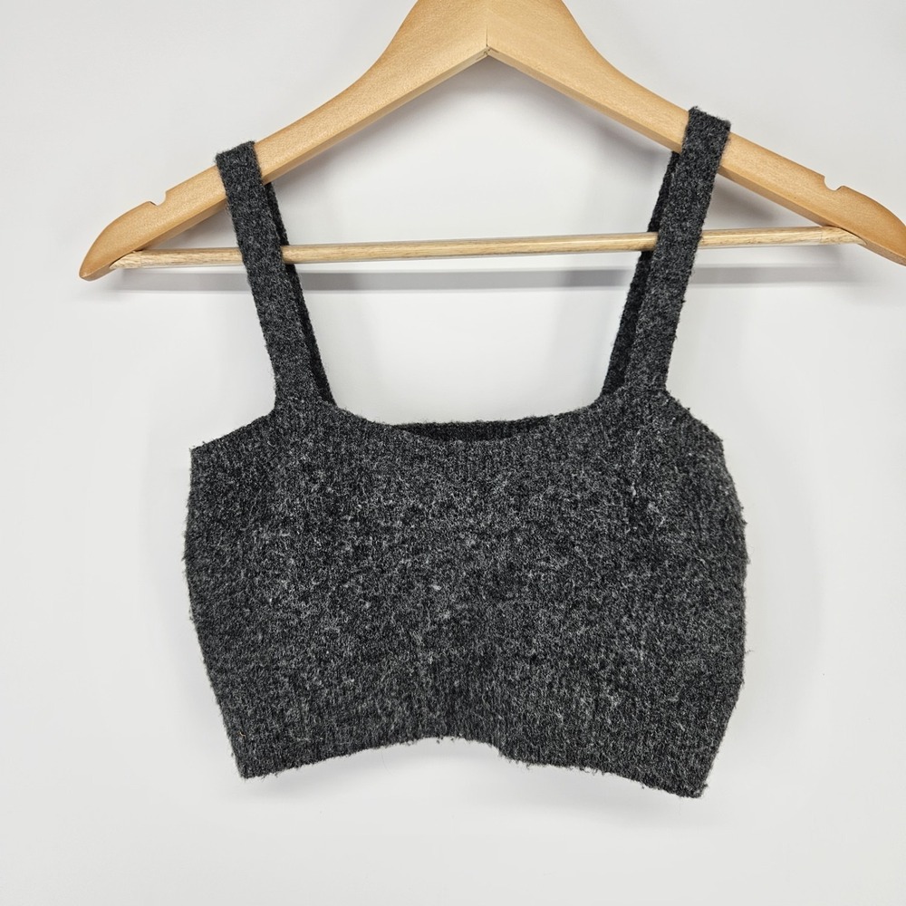 Zara Knit Crop Top Small Gray Wool Camel Blend Fuzzy Tank Bralette Festival